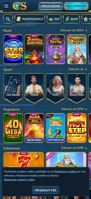 Mobilní web Casea, kategorie her: nové, sport, populární a exkluzivní